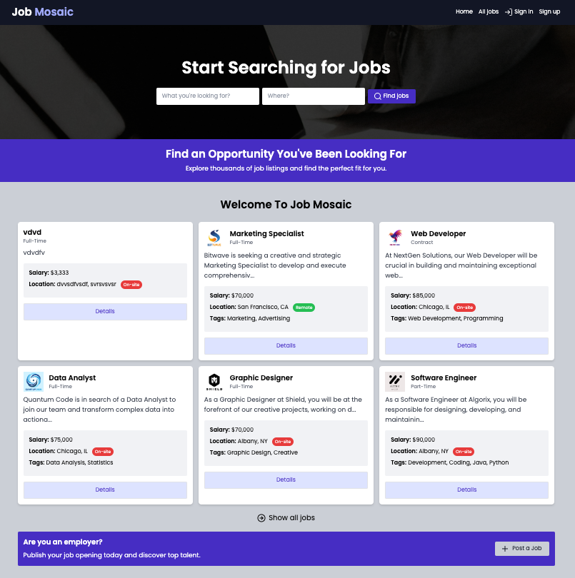 Landing page of JobMosaic